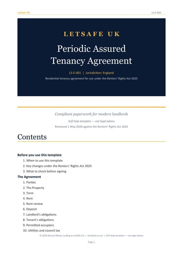 Front page of the Periodic Assured Tenancy Agreement
